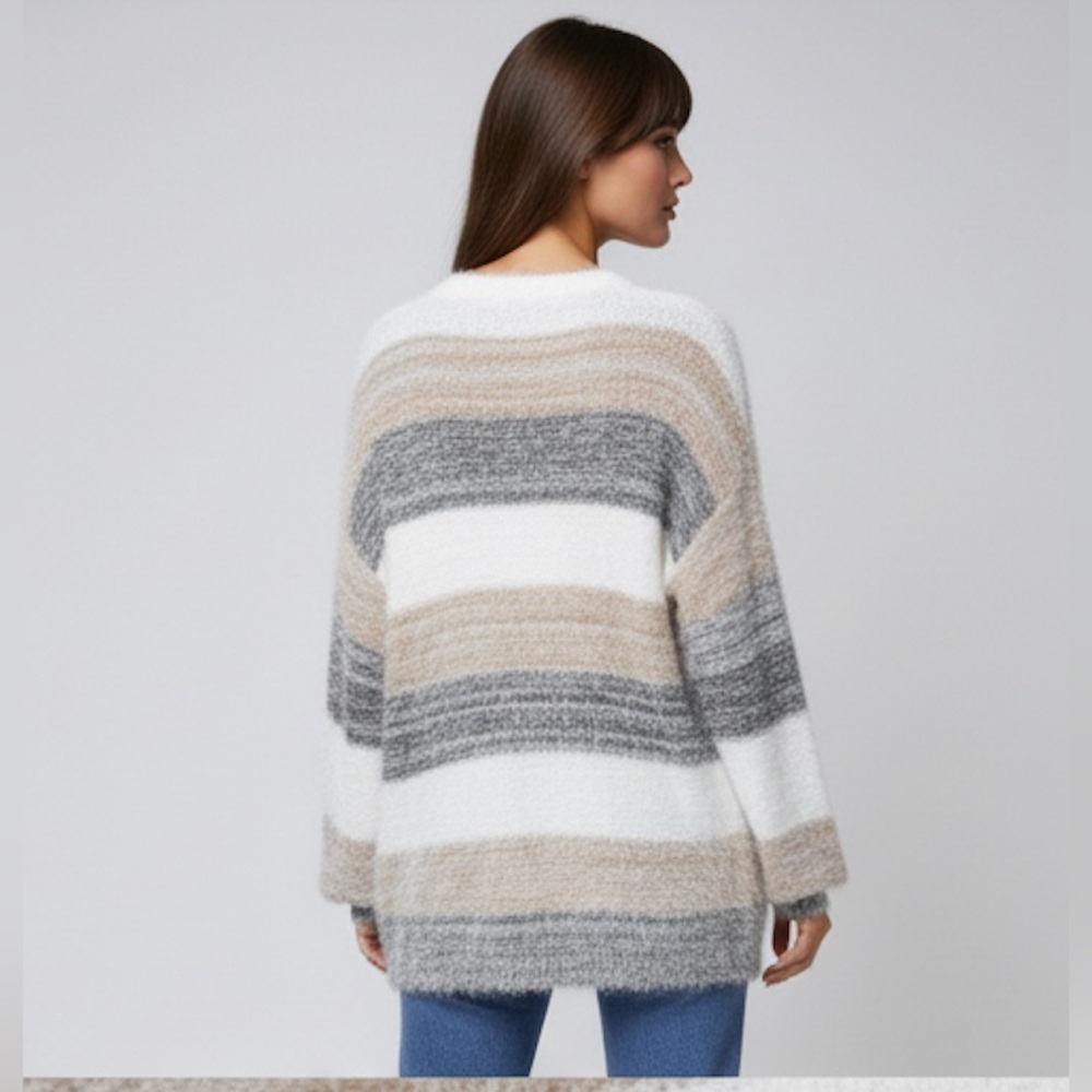 Color Block Drop Shoulder Open Front Fluffy Knit Cardigan - Picture 4 of 7